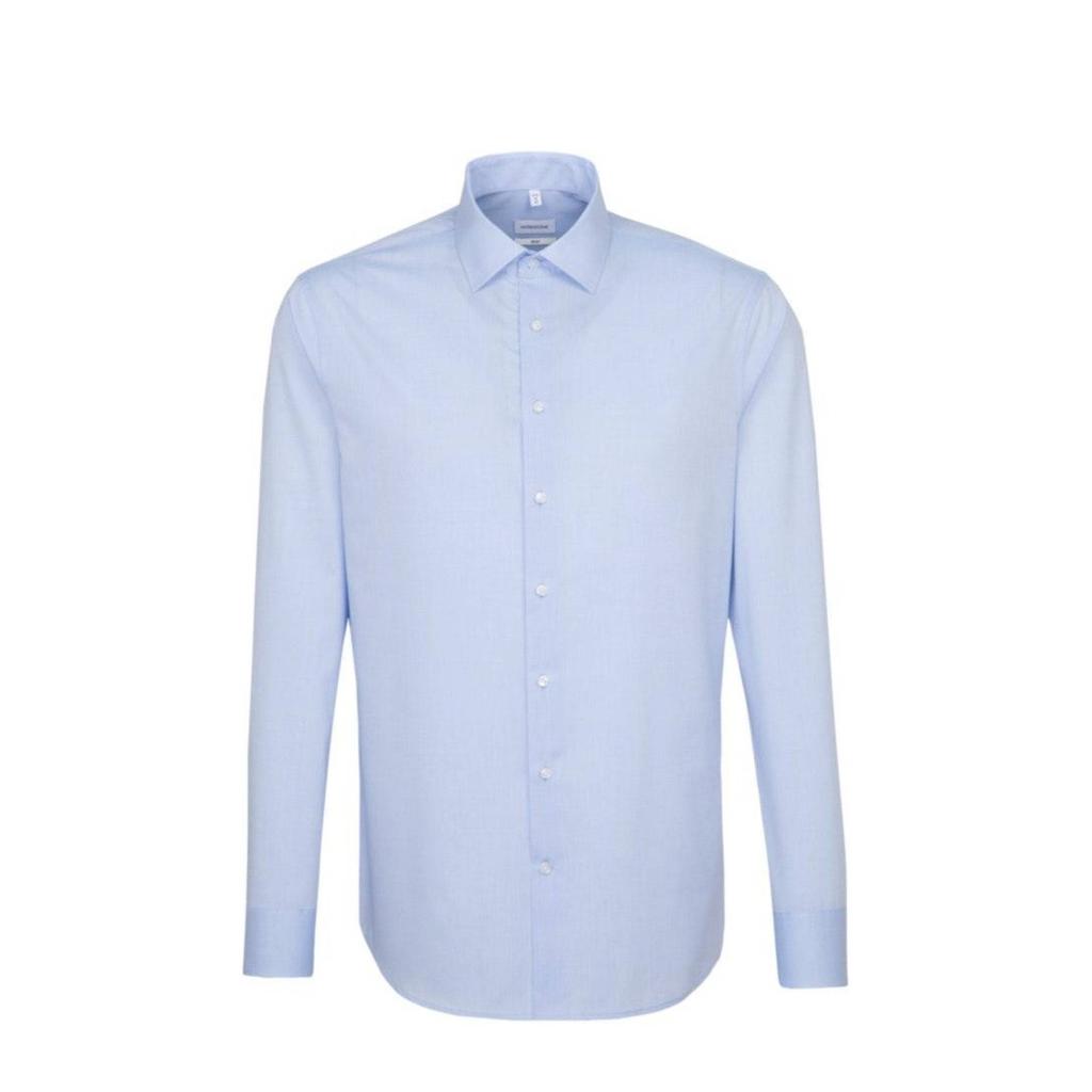 Blauwe heren Seidensticker slim fit overhemd van katoen met lange mouwen en klassieke kraag