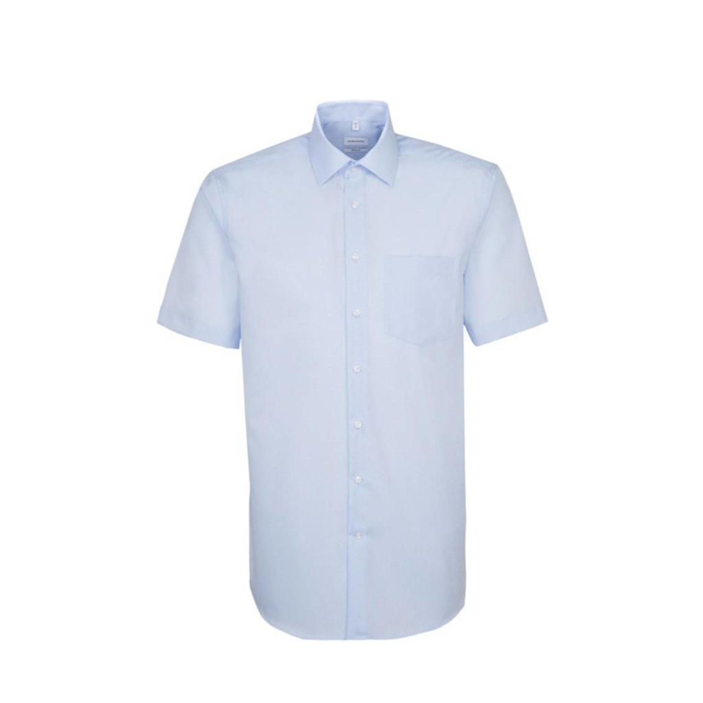 Lichtblauwe heren Seidensticker regular fit overhemd van katoen met korte mouwen, klassieke kraag en knoopsluiting