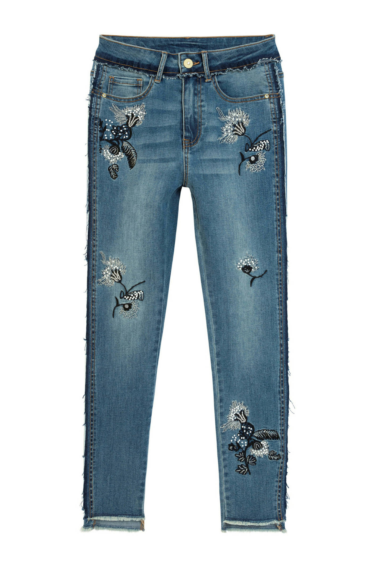 Desigual cropped skinny jeans met printopdruk en slijtage light denim/zwart/wit  | wehkamp