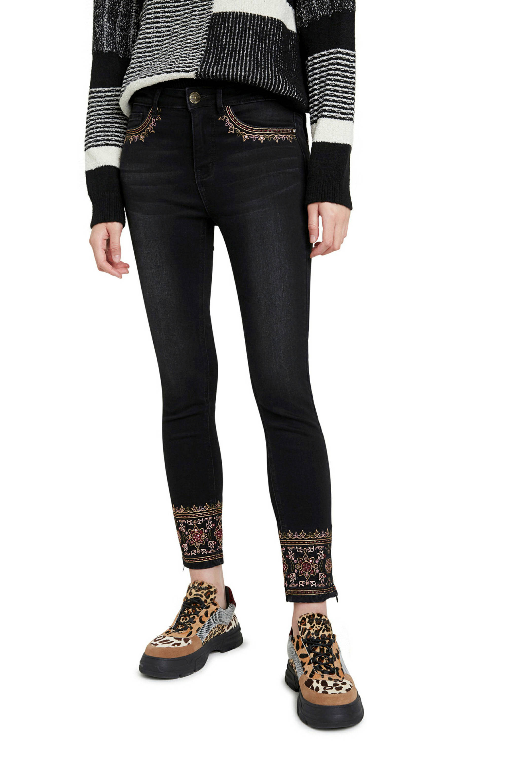 Desigual skinny jeans met borduursels zwart denim/goud/rood wehkamp