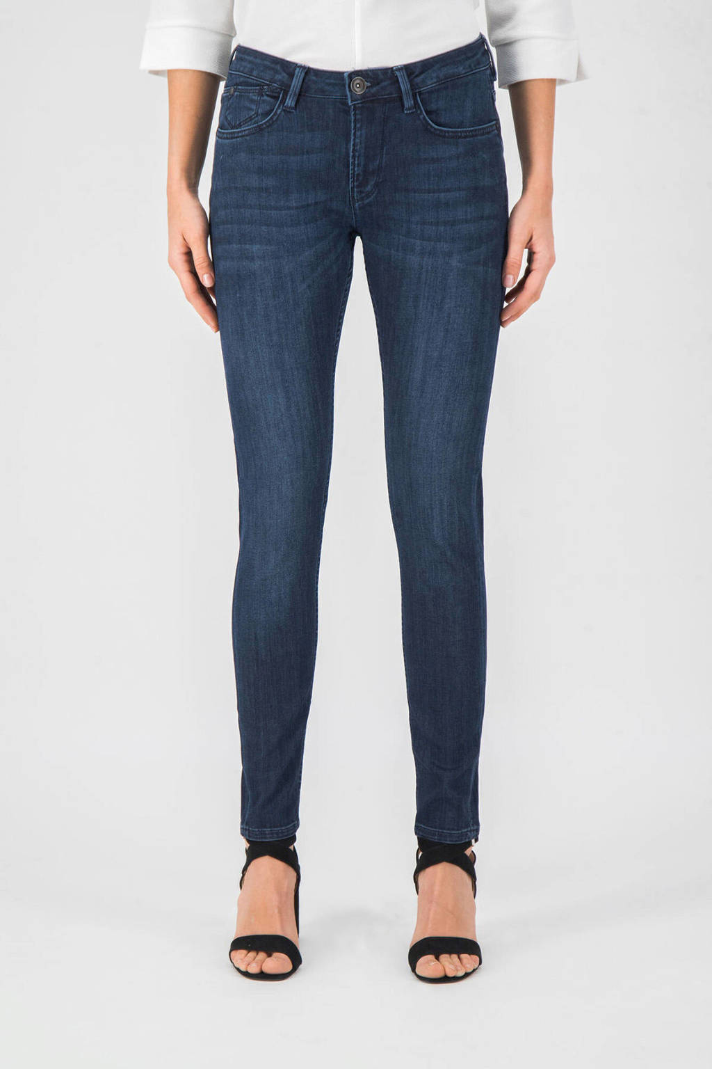 Donkerblauwe dames Garcia skinny jeans Rachelle van duurzaam stretchdenim met regular waist en rits- en knoopsluiting