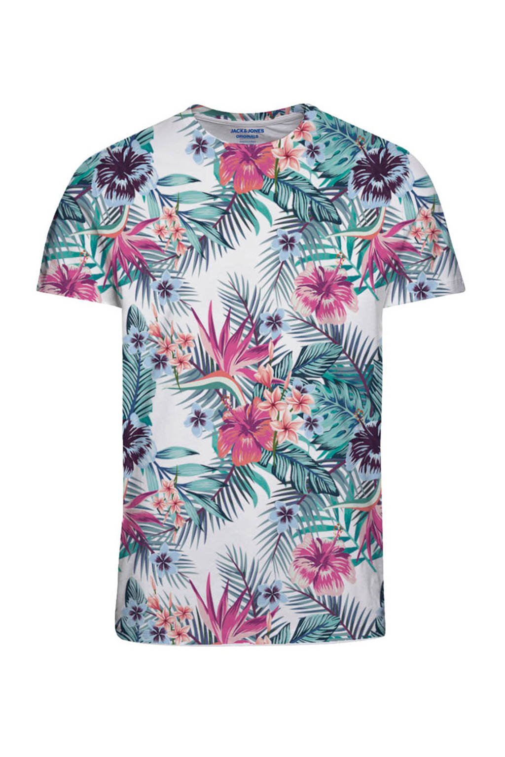 JACK & JONES ORIGINALS gebloemd T-shirt wit/roze/groen, Wit/roze/groen