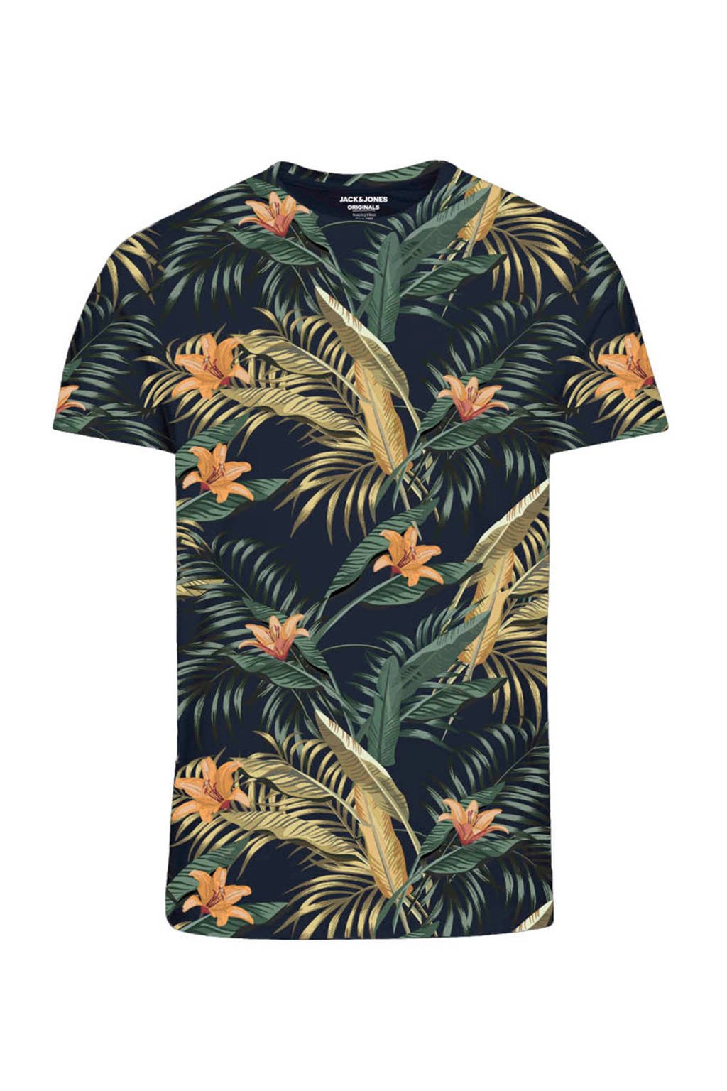 JACK & JONES ORIGINALS gebloemd T-shirt donkerblauw/geel/oranje