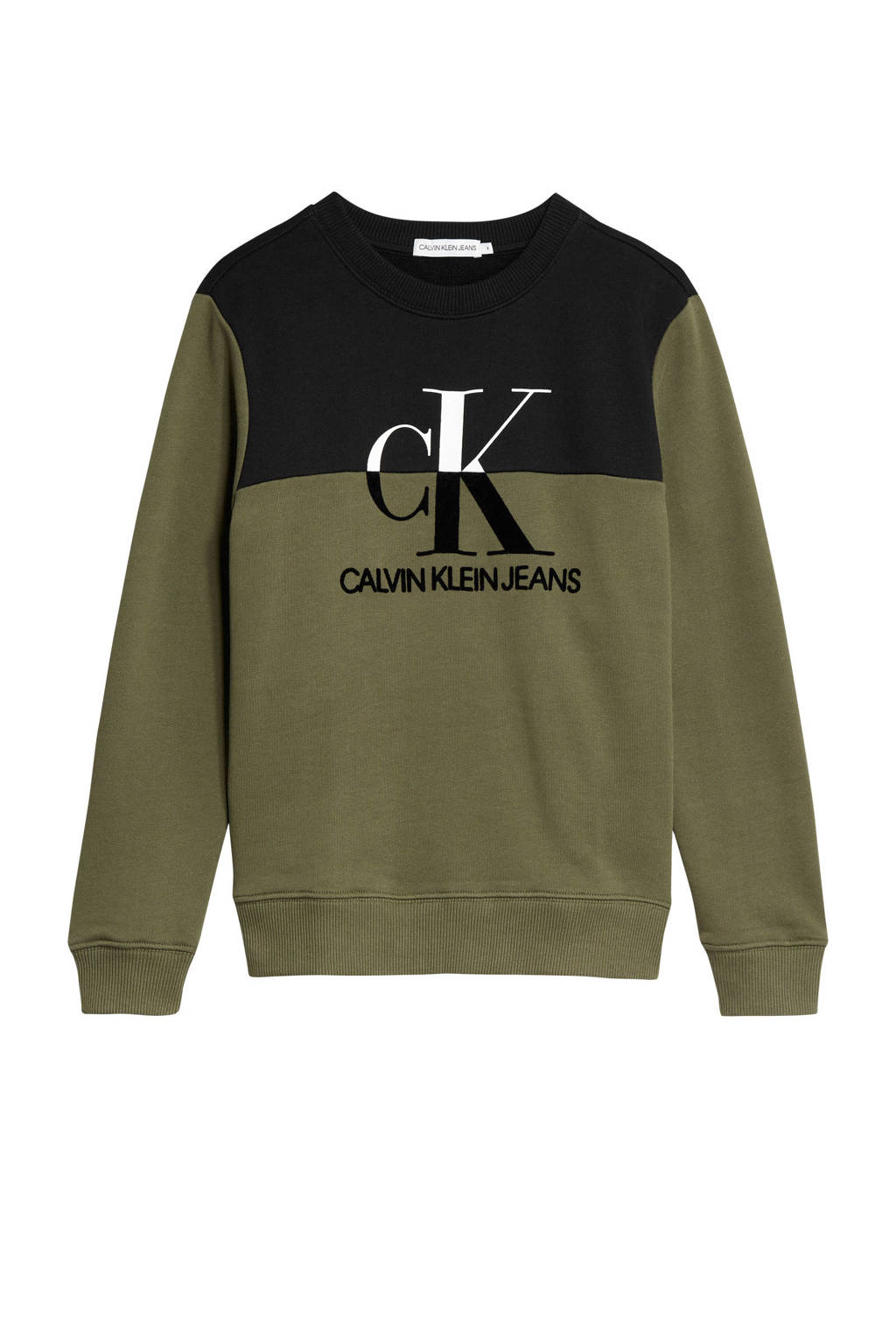 CALVIN KLEIN JEANS sweater van biologisch katoen olijfgroen/zwart/wit, Olijfgroen/zwart/wit
