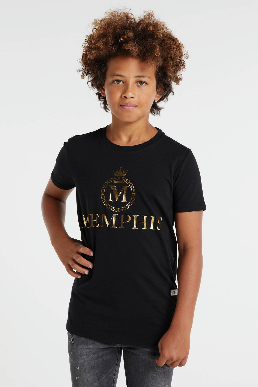 Zwarte jongens en meisjes Vingino Memphis Depay unisex T-shirt Herossi van katoen met logo dessin, korte mouwen en ronde hals