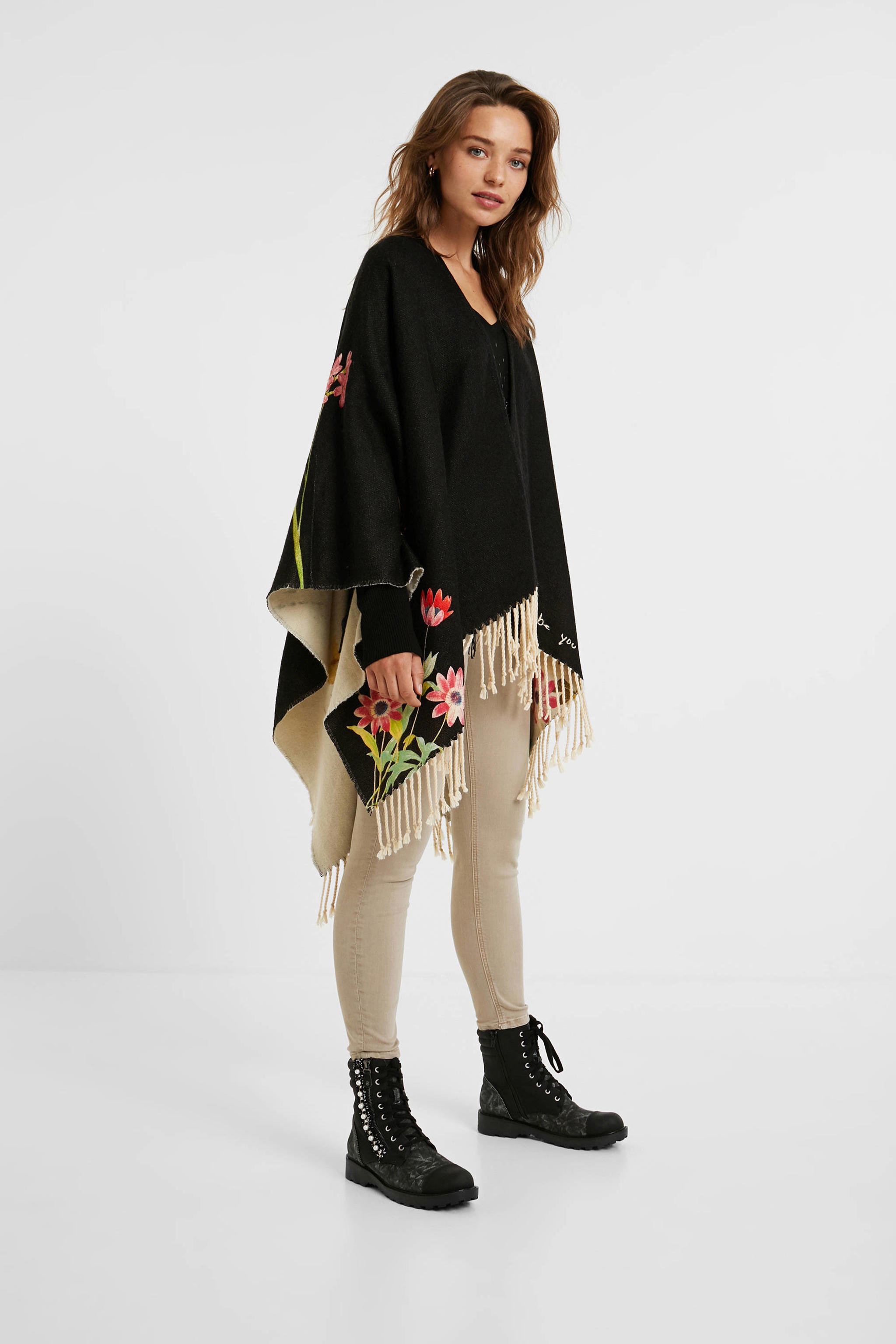 Desigual Poncho Aladin Milan Per Donna – Nero 2000, Morbido In Poliestere Con Ricami Etnici E Cappuccio - 4