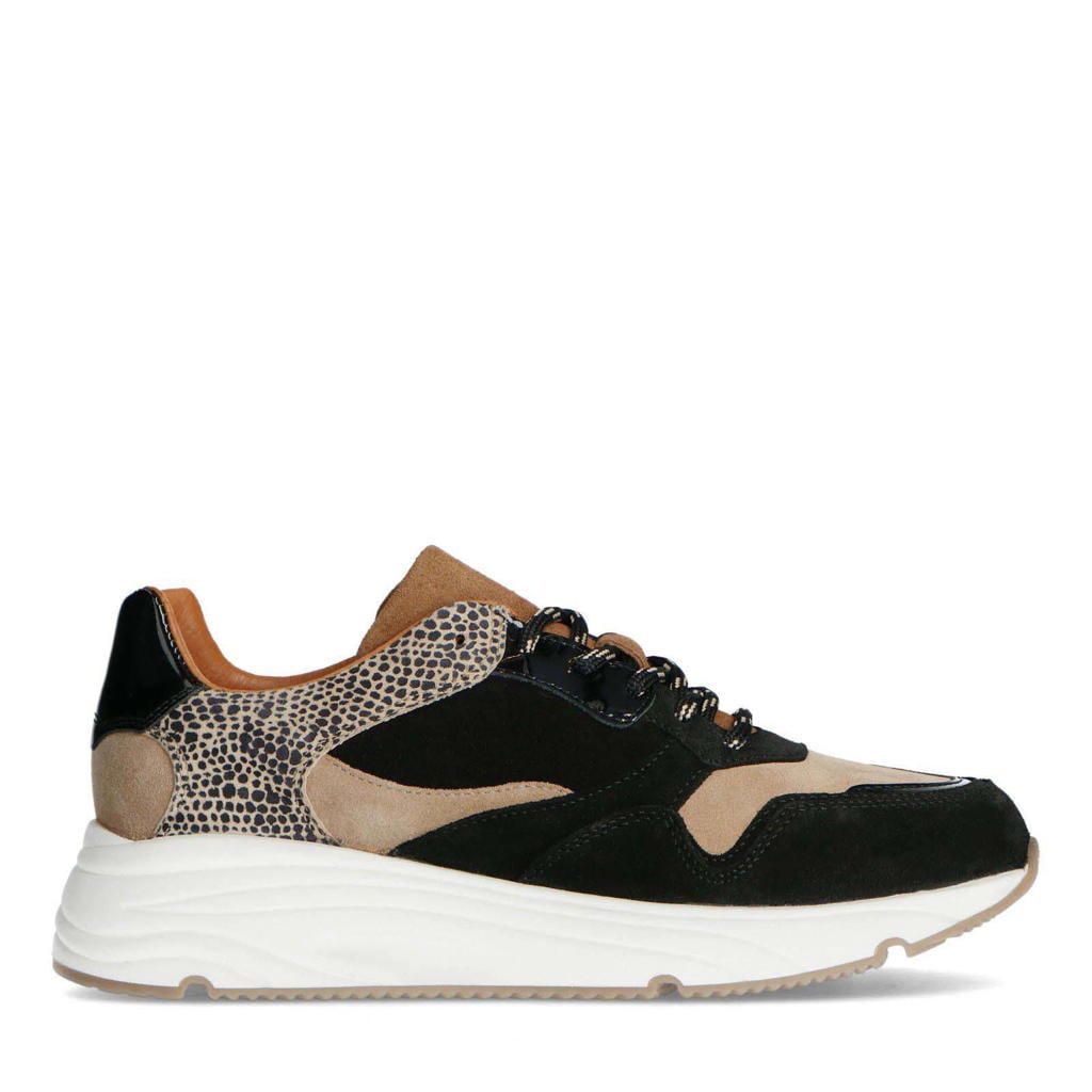 Zwarte dames Manfield suède sneakers met veters en cheetaprint