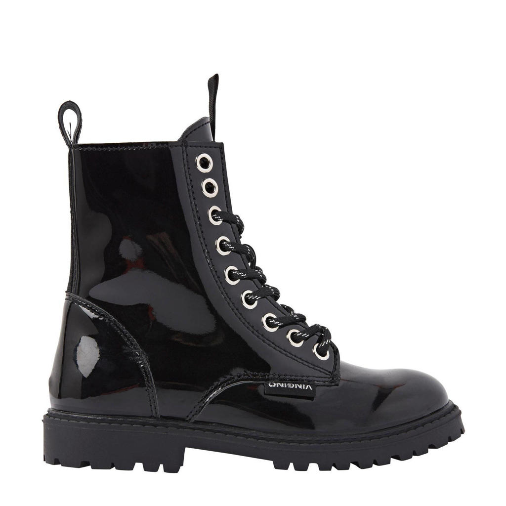 Zwarte meisjes Vingino Eva High lak veterboots met profielzool, rits- en vetersluiting en logo