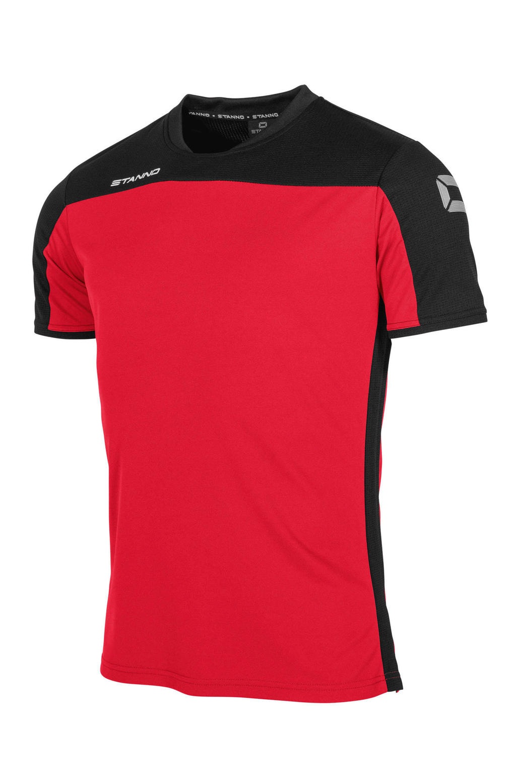 Rood en zwarte heren Stanno voetbalshirt van polyester met korte mouwen, ronde hals en mesh