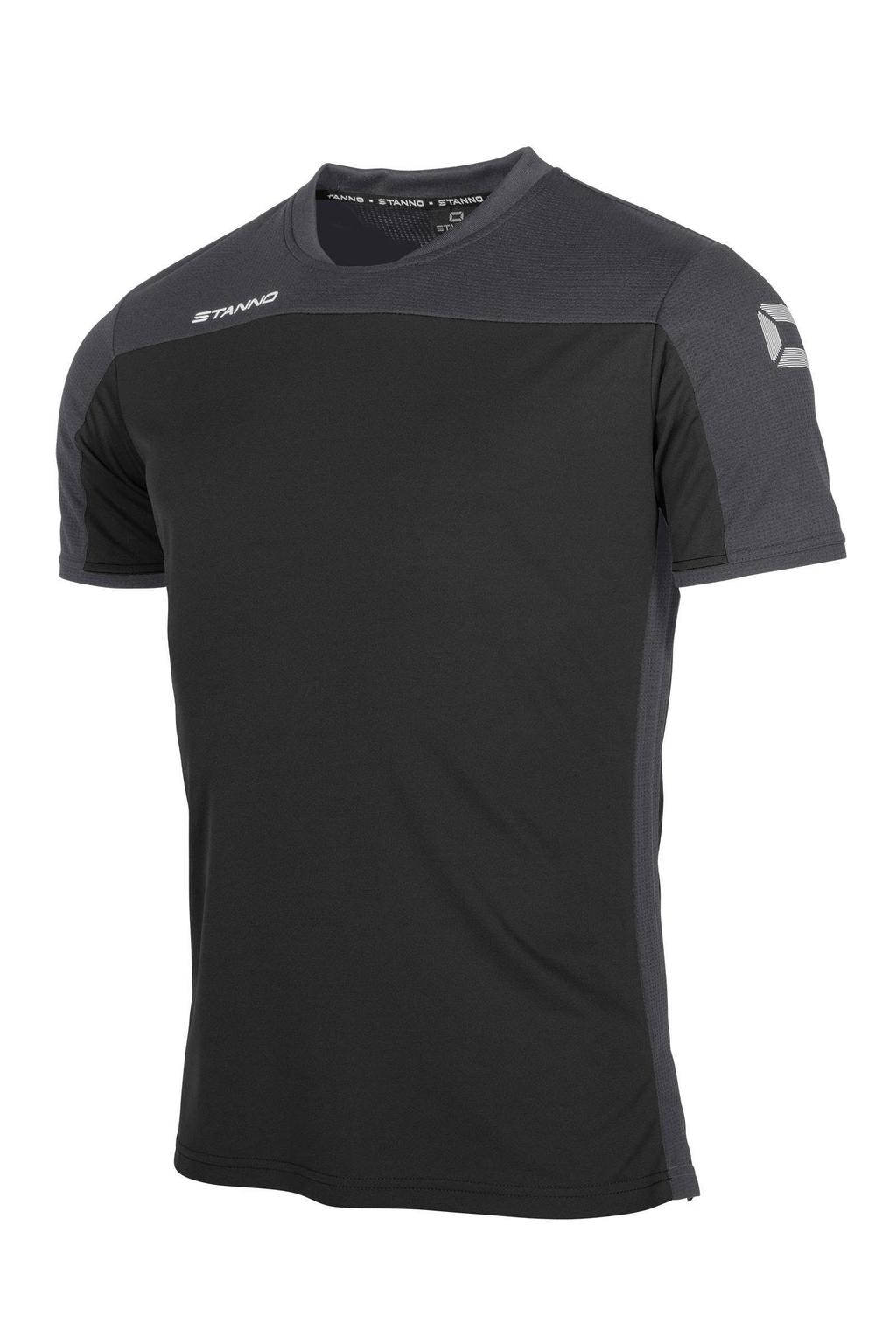 Zwart en antraciete heren Stanno voetbalshirt van polyester met korte mouwen, ronde hals en mesh