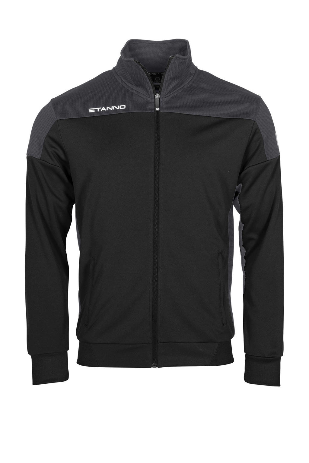 Zwart en antraciete jongens en meisjes Stanno Junior voetbaljack van polyester met lange mouwen, opstaande kraag en ritssluiting