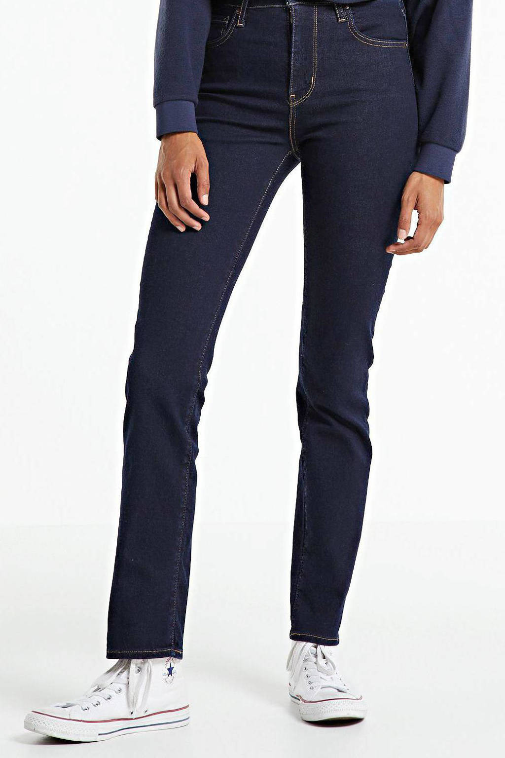 Donkerblauwe dames Levi's high waist straight fit jeans van stretchdenim met rits- en knoopsluiting