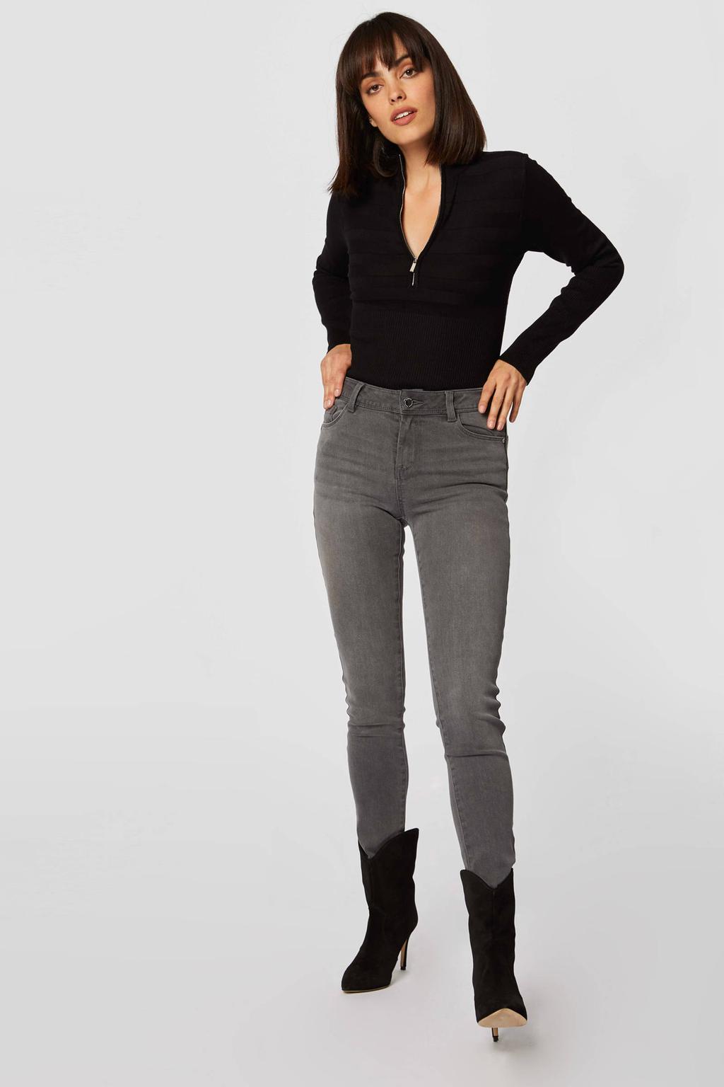 Zwarte dames Morgan top van viscose met effen, lange mouwen, V-hals, ritssluiting en gebreide details