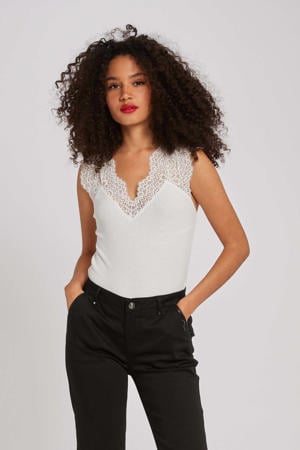 semi-transparante top met kant gebroken wit