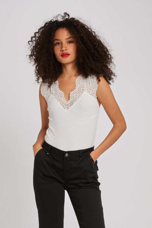 semi-transparante top met kant gebroken wit