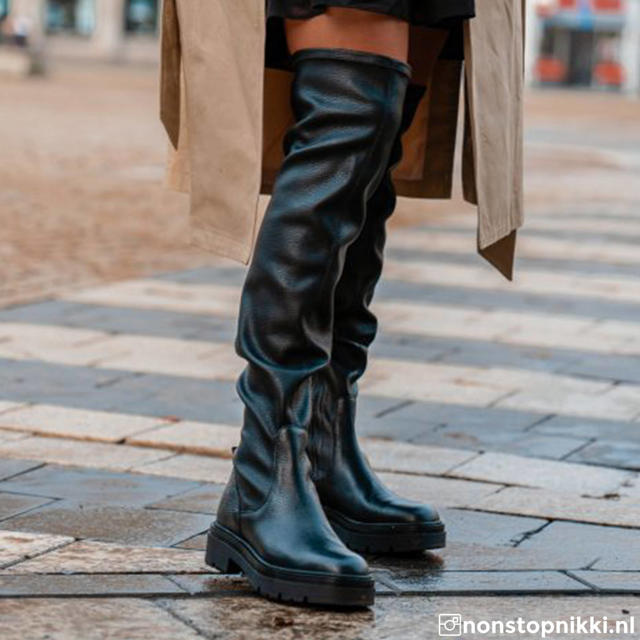 lettergreep Downtown mini Sacha leren overknee laarzen zwart | wehkamp