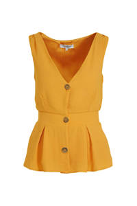 Gele dames Morgan top van polyester met V-hals, knoopsluiting en smockwerk