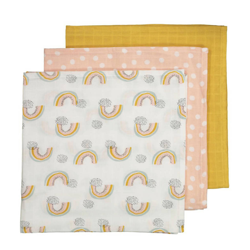 HEMA hydrofiel luier - set van 3 60 x 60 cm roze/geel, Roze/geel