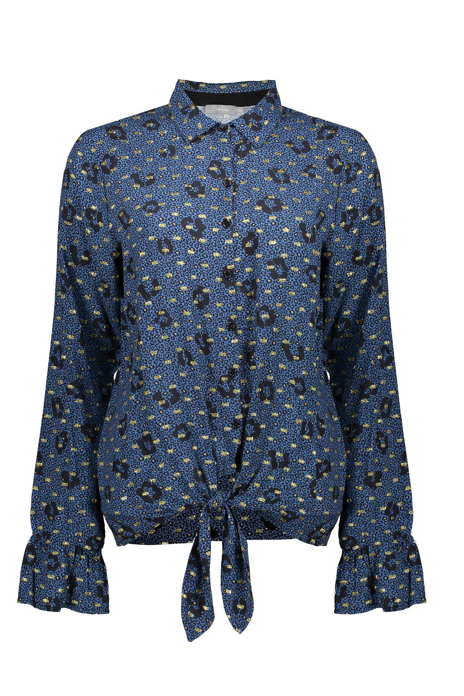Geisha blouse met panterprint en glitters blauw/zwart/goud online kopen