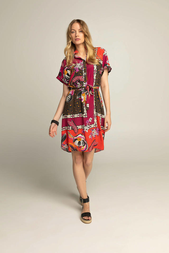 Expresso jurk met all over en ceintuur rood/paars/bruin | wehkamp
