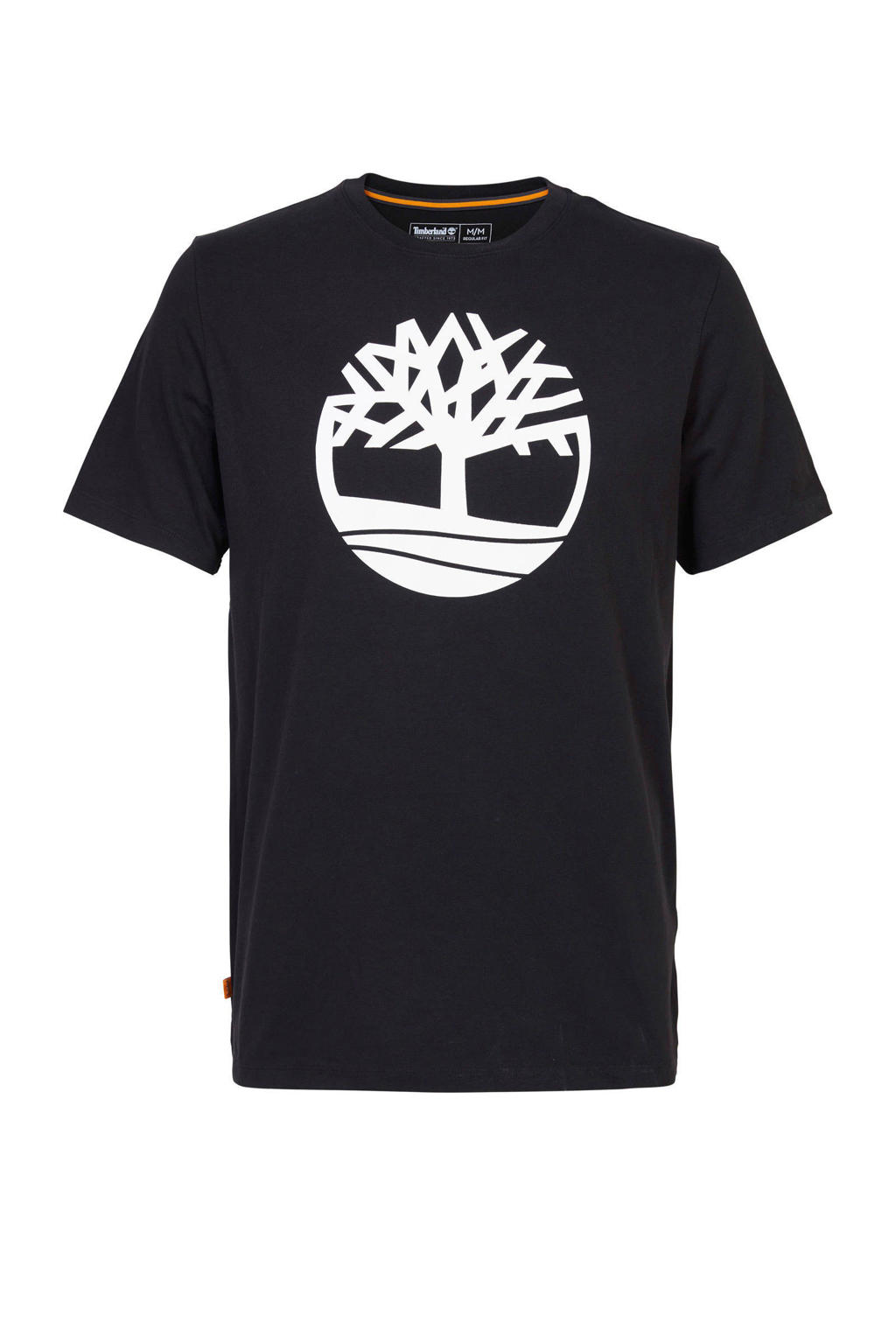 Zwarte heren Timberland T-shirt van biologisch katoen met logo dessin, korte mouwen en ronde hals