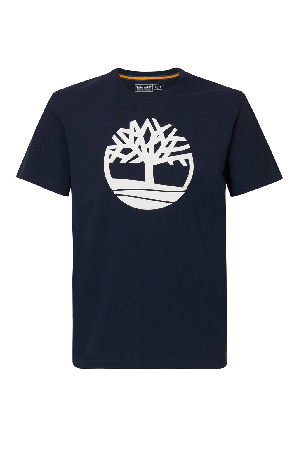 Marineblauwe heren Timberland T-shirt van biologisch katoen met logo dessin, korte mouwen en ronde hals
