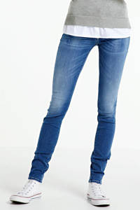 Donkerblauwe dames REPLAY skinny jeans New Luz van denim met rits- en knoopsluiting
