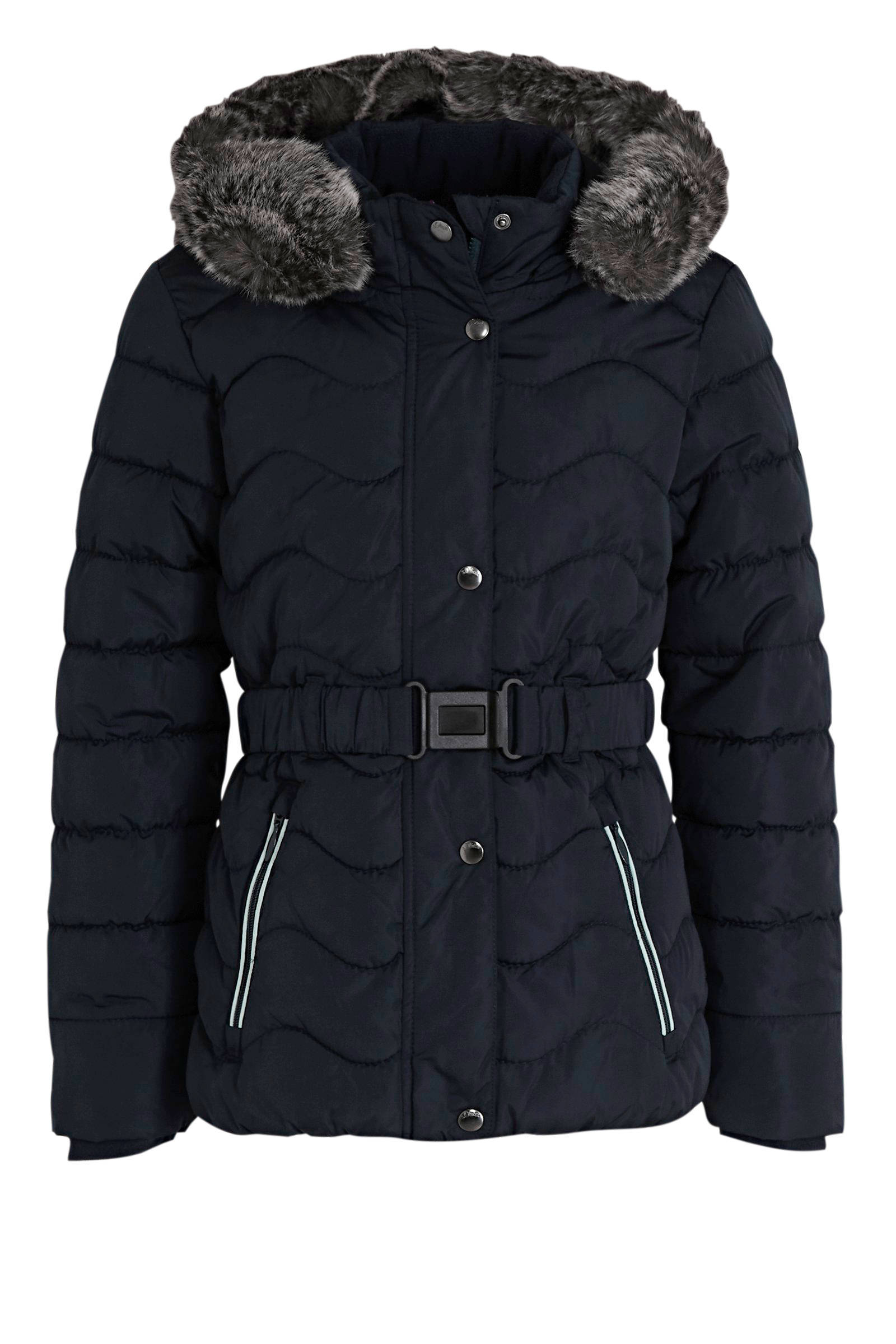 gewatteerde winterjas met ceintuur donkerblauw gewatteerde winterjas met ceintuur donkerblauw