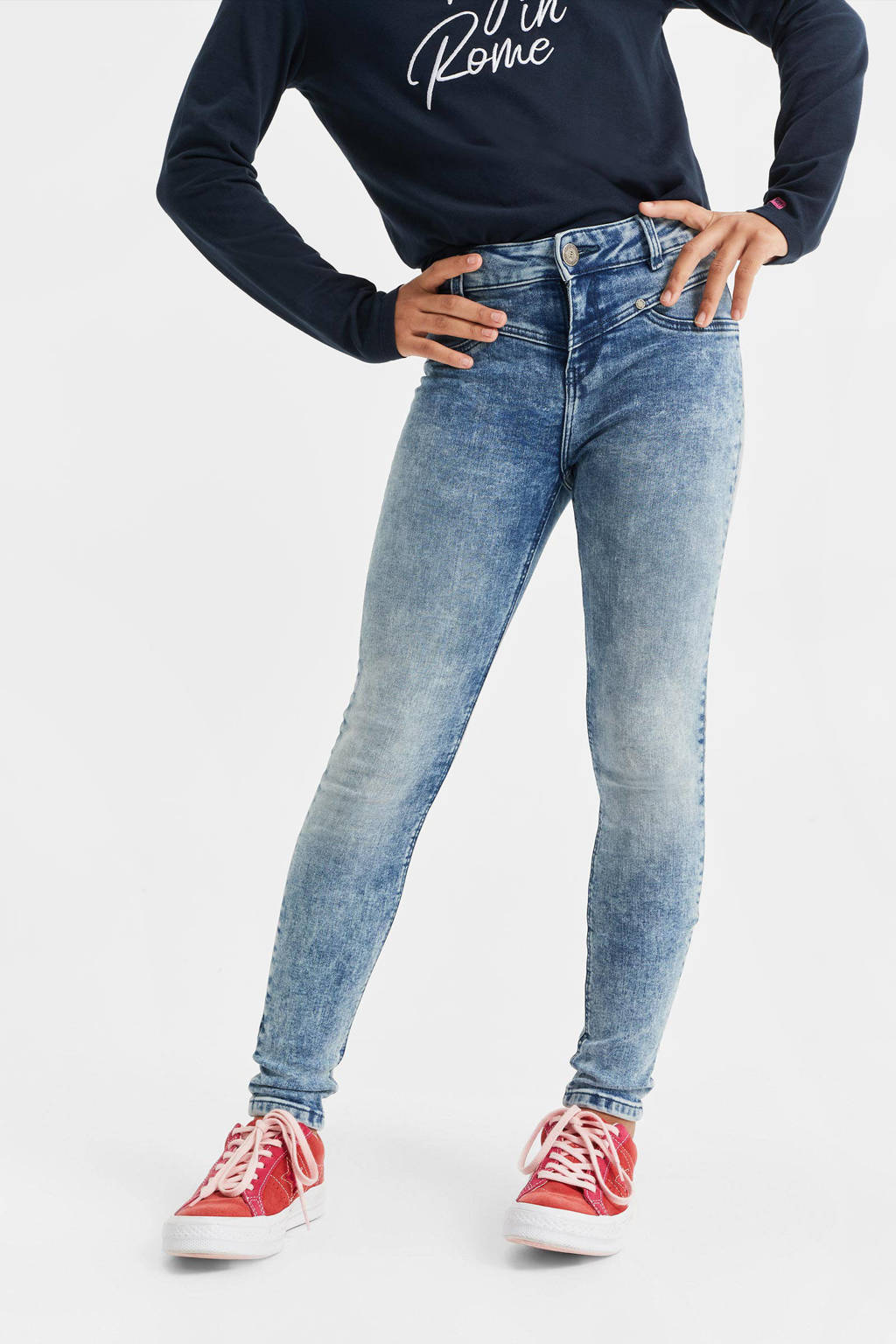Blauwe meisjes WE Fashion Blue Ridge super skinny jeans blue van stretchdenim met regular waist en rits- en knoopsluiting