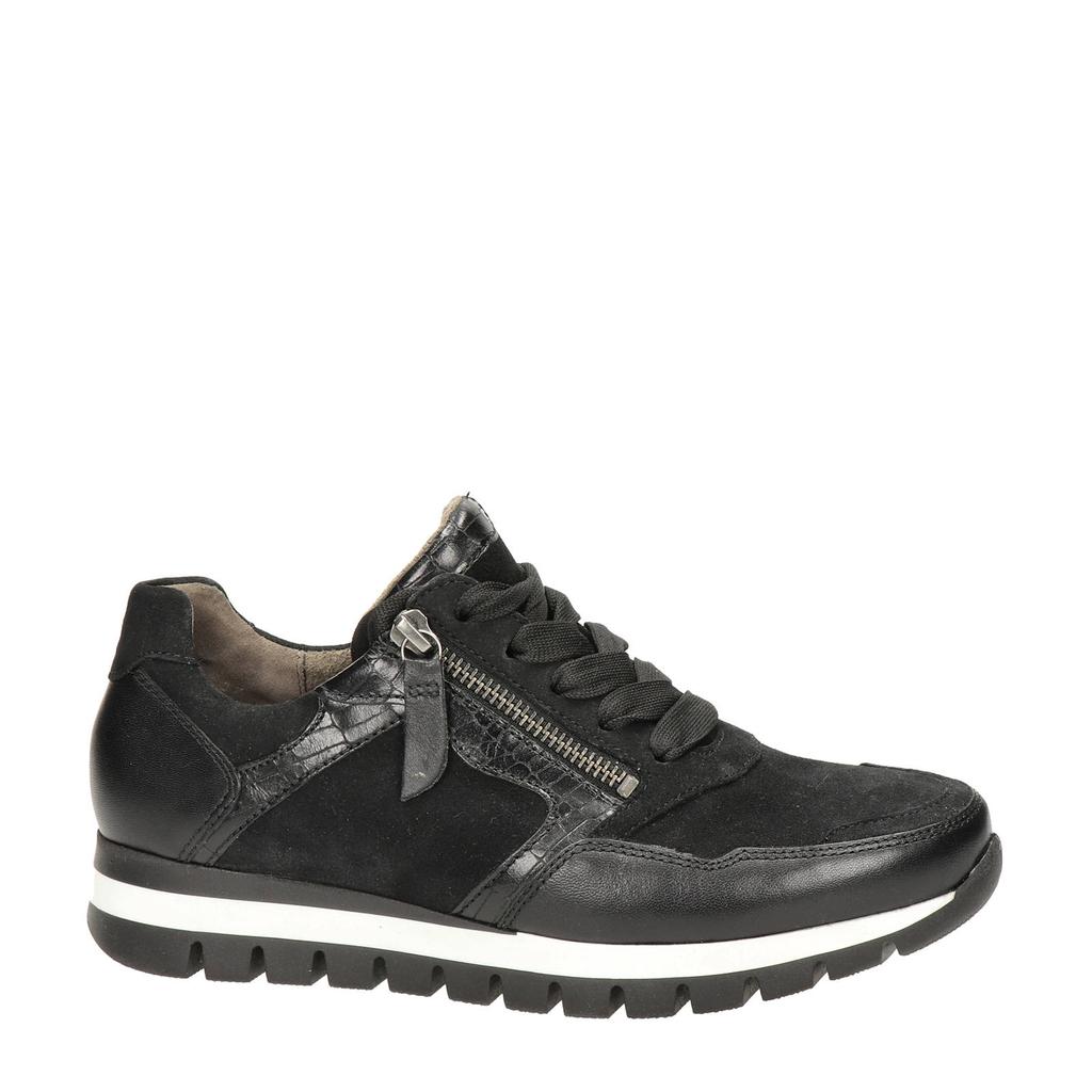 Zwarte dames Gabor leren sneakers van suède/leer met rits- en vetersluiting en effen