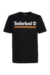Zwart, oranje en witte heren Timberland T-shirt van katoen met logo dessin, korte mouwen en ronde hals