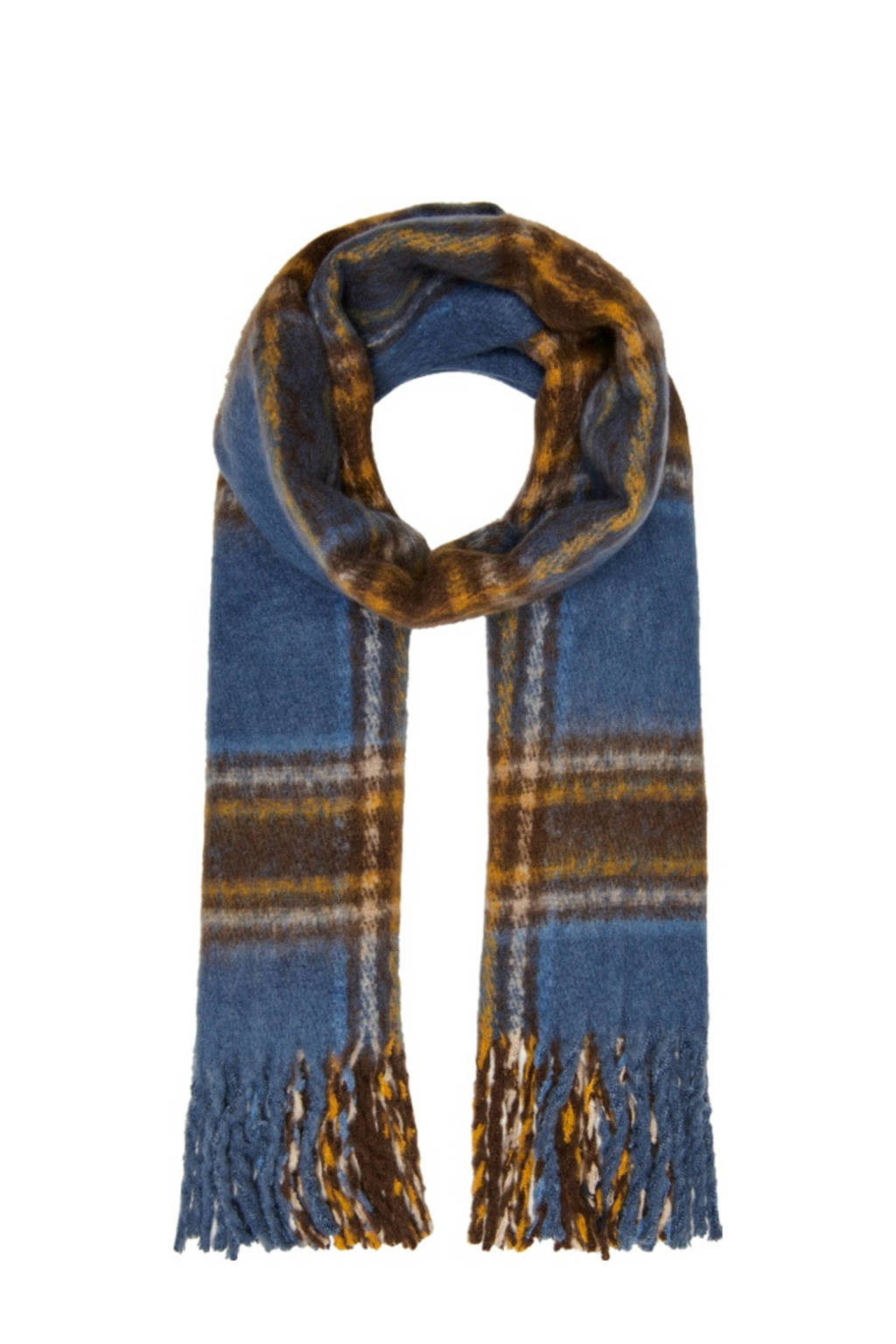 ONLY geruite sjaal met franje blauw, Blauw/camel
