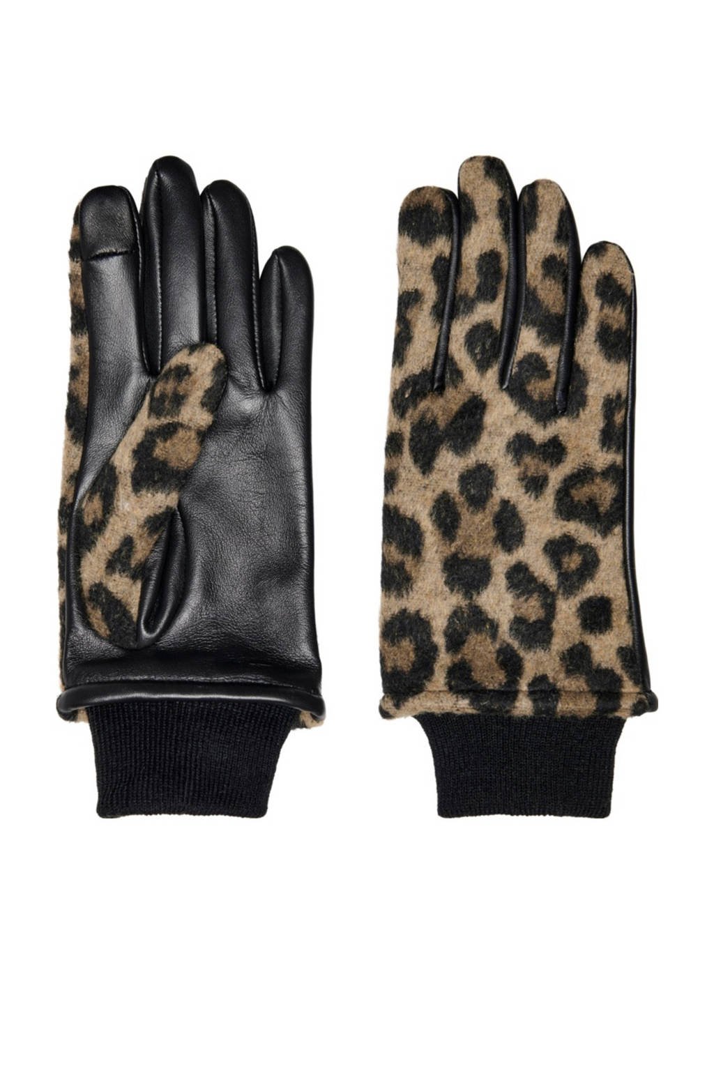 ONLY leren handschoenen met panterprint zwart/bruin, Zwart/bruin