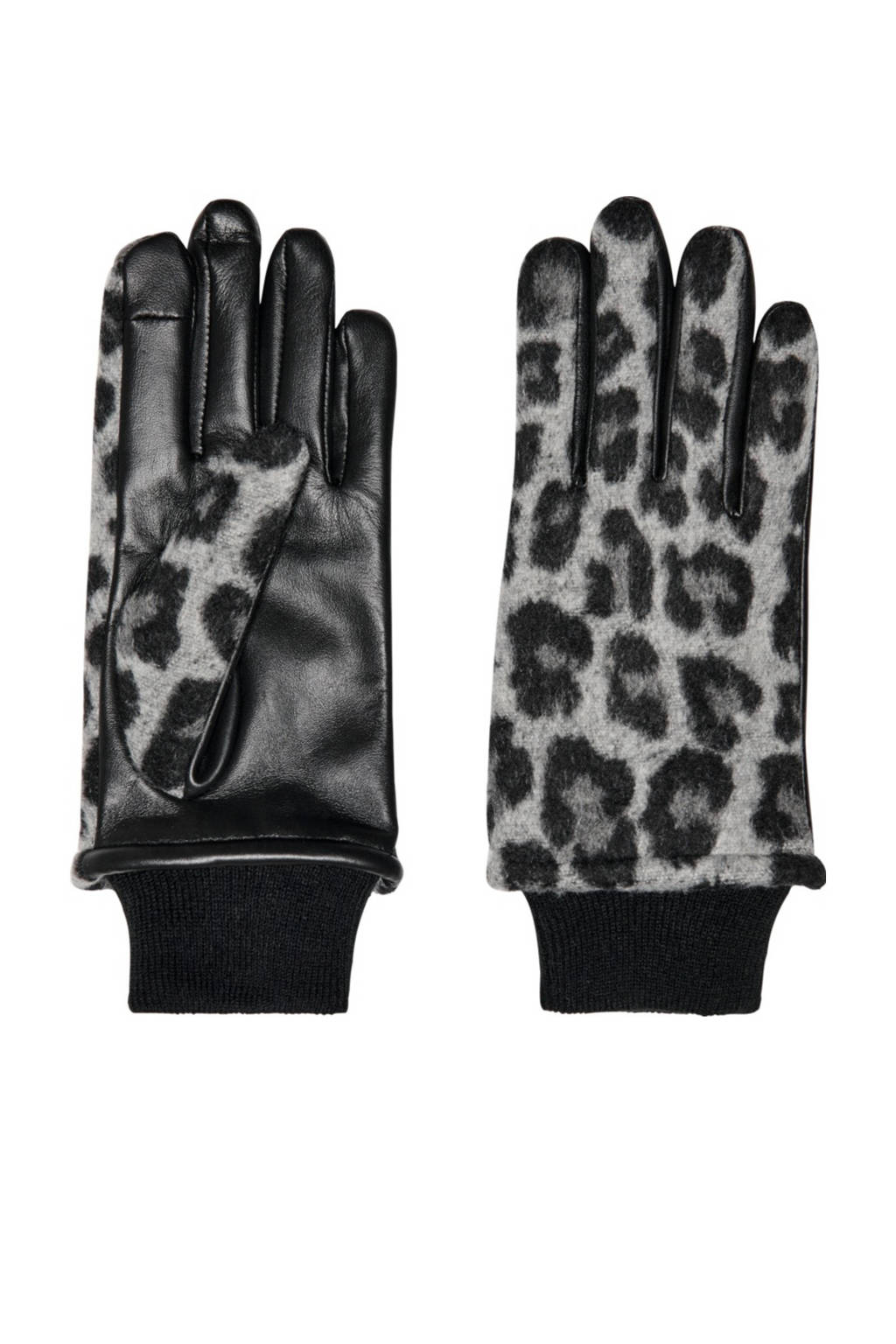 ONLY leren handschoenen met panterprint zwart/grijs, Zwart/grijs