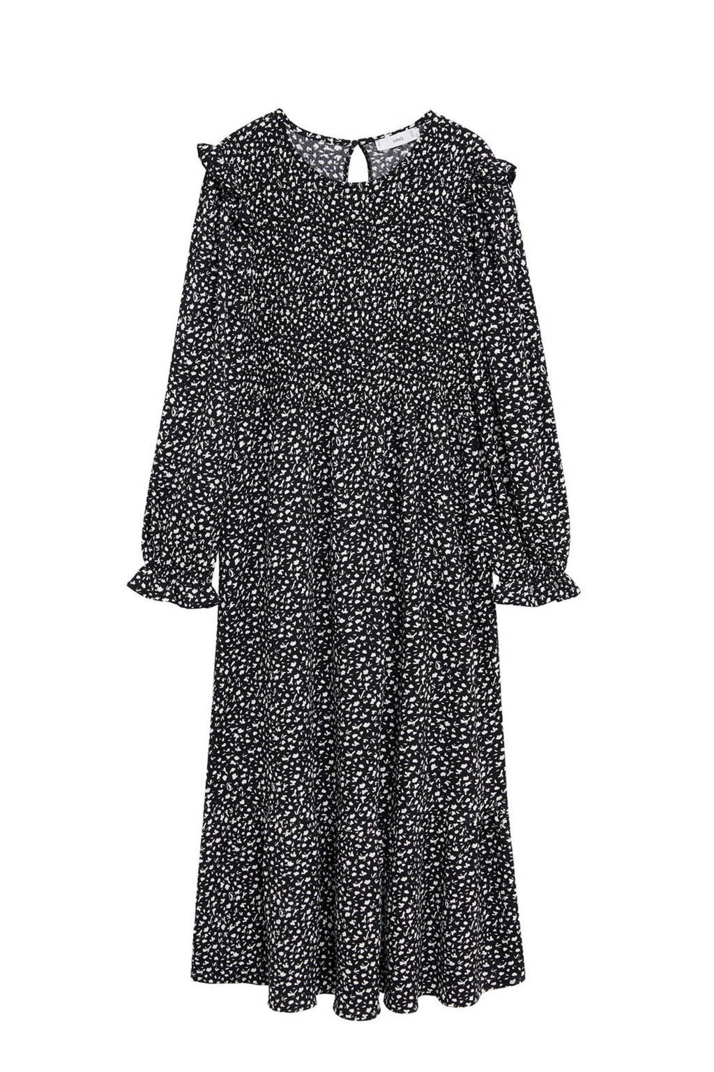 Mango jurk met all over print en ruches zwart, Zwart