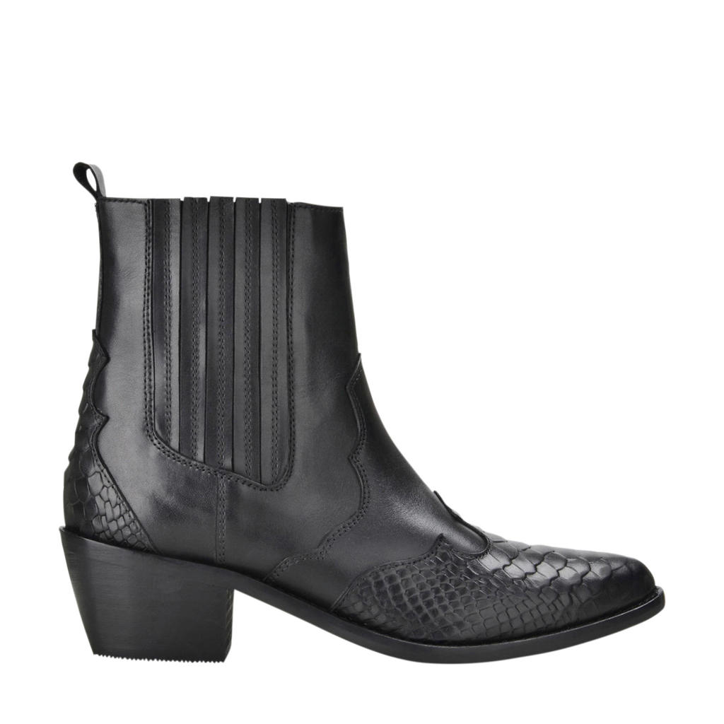 Zwarte dames PS Poelman Tartor leren cowboylaarzen met blokhak, ritssluiting en slangenprint