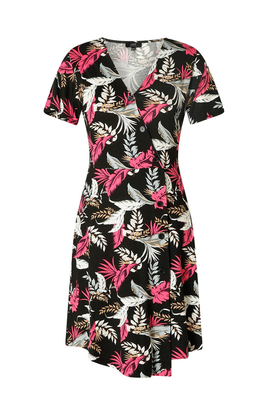 Yest jurk met all over print zwart/roze/wit, Zwart/roze/wit