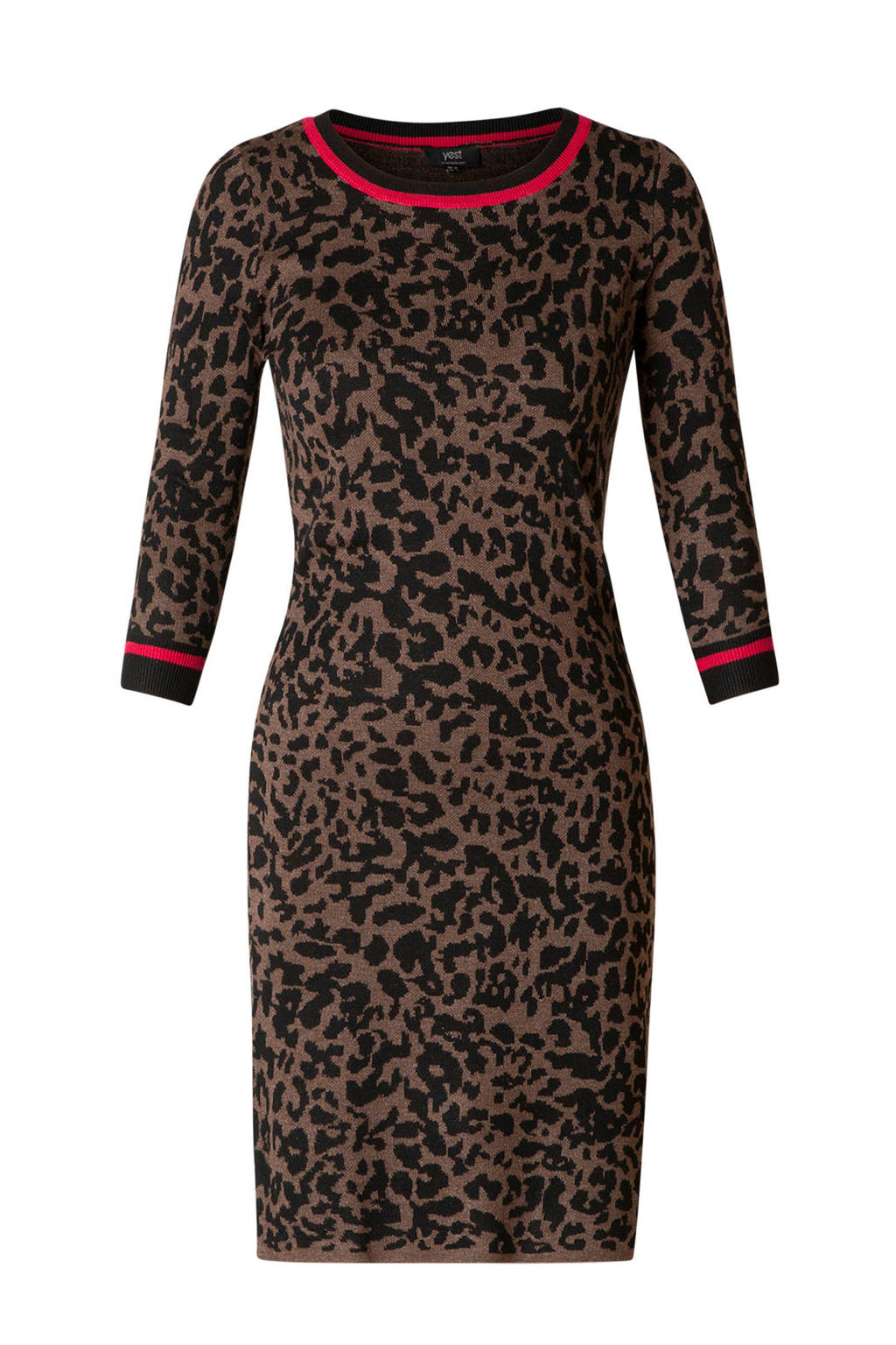 Yest gebreide jurk met panterprint donkerbruin/zwart/rood, Donkerbruin/zwart/rood