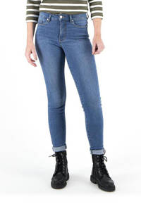 Lichtblauwe dames HEMA skinny jeans van stretchdenim met regular waist en rits- en knoopsluiting