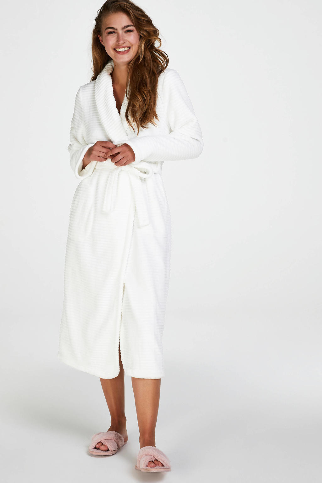 Hunkemöller fleece badjas met ribstructuur wit