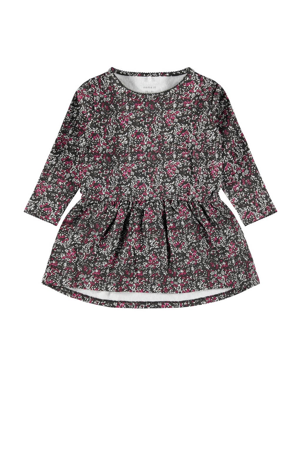 NAME IT MINI baby jurk Ogille met biologisch katoen grijs/roze/wit, Grijs/roze/wit