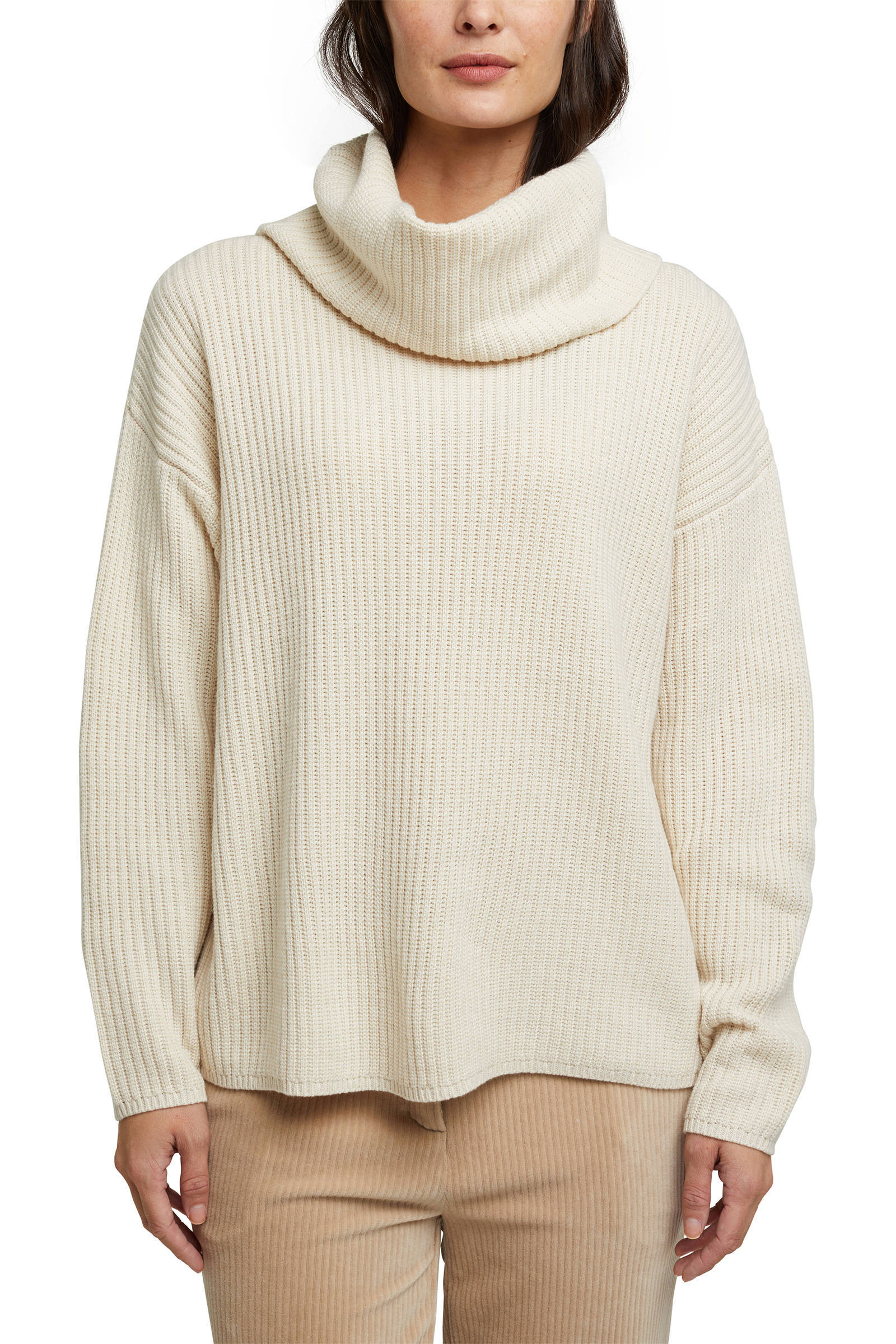 ESPRIT Women Casual gebreide trui ecru met kasjmier en ESPRIT Women Casual trui met rolkraag en kasjmier zwart
