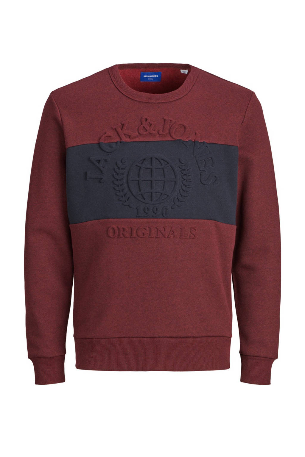 JACK & JONES JUNIOR sweater Poet met tekst roodbruin/donkerblauw
