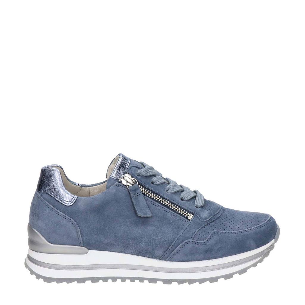 Lichtblauwe dames Gabor comfort suède sneakers met rits- en vetersluiting en effen