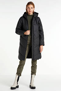 Zwarte dames JDY waterafstotende gewatteerde jas Ulrikka van polyester met lange mouwen, capuchon en ritssluiting