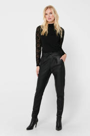 thumbnail: Zwarte dames ONLY coated tapered fit broek met regular waist, elastische tailleband met koord en effen
