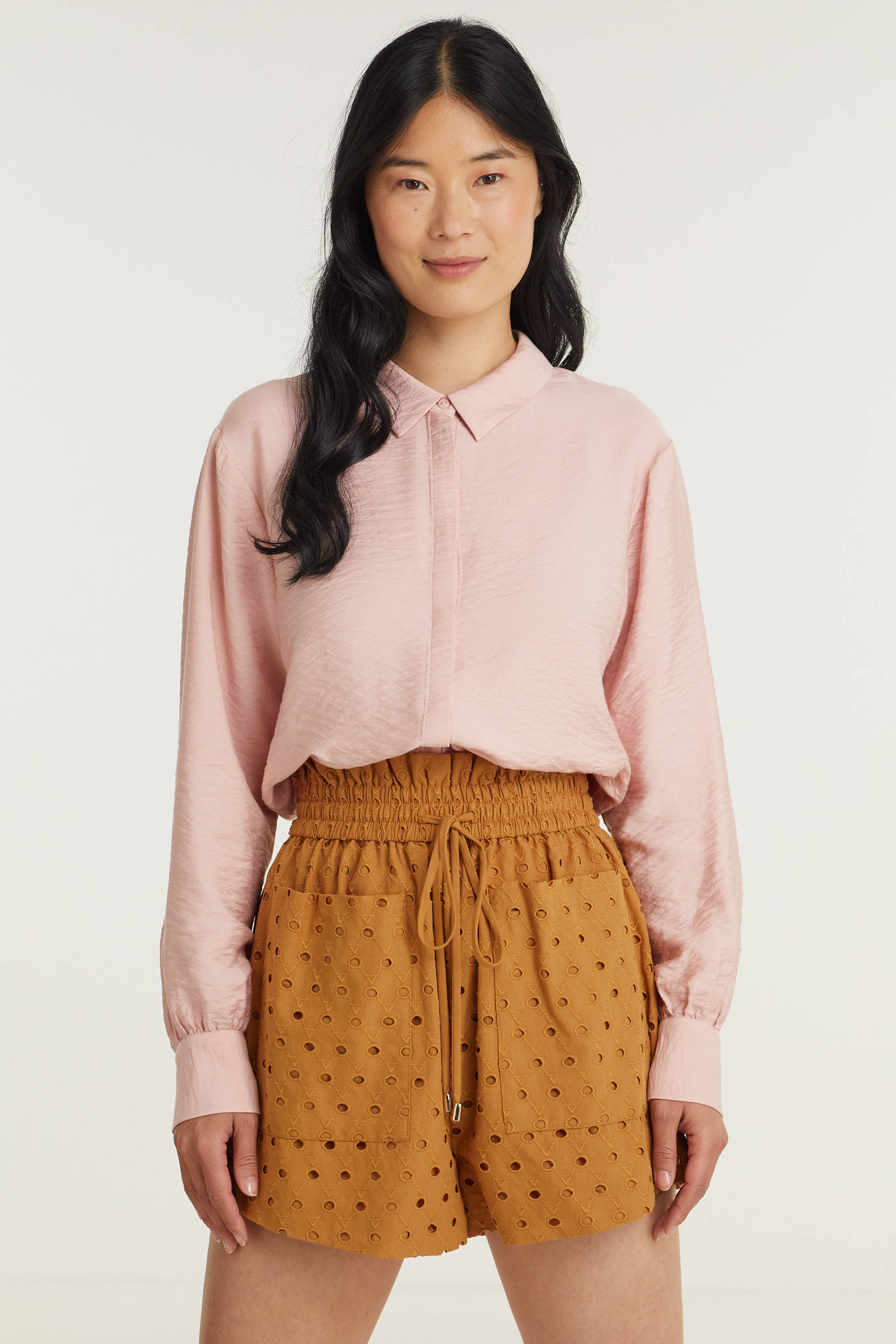 JOSH V high waist wide leg korte broek Dahlia met textuur cognac | wehkamp