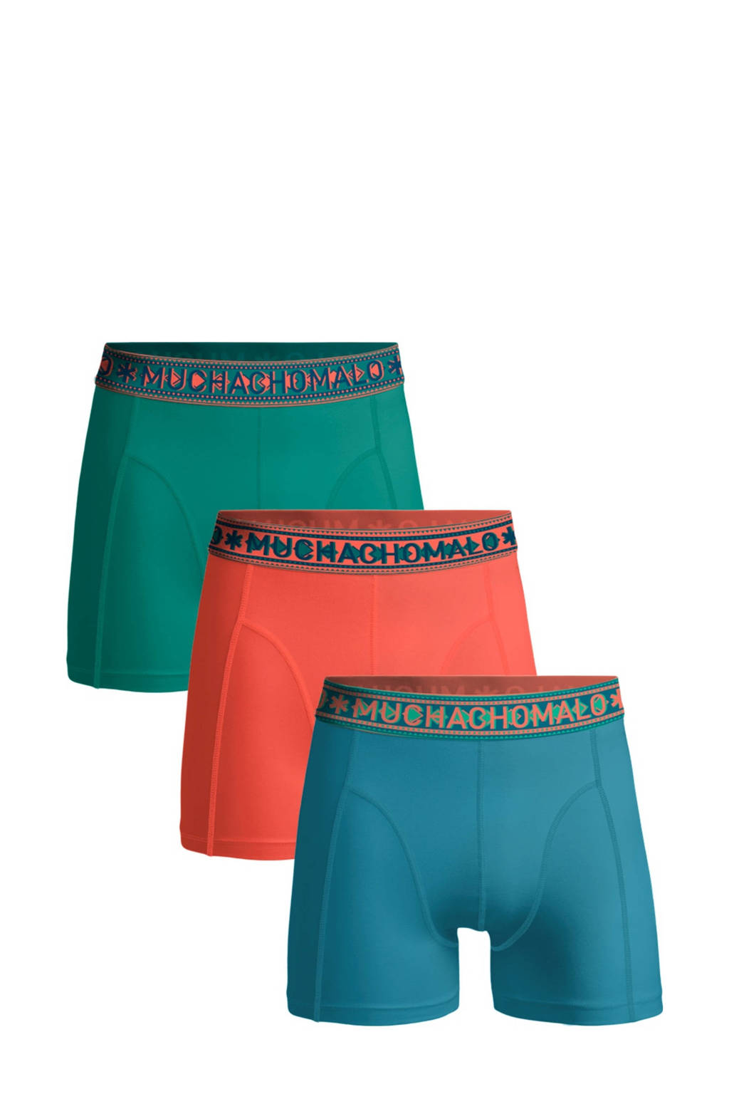 Muchachomalo boxershort Solid - set van 3 blauw/koraalrood/groen, Blauw/koraalrood/groen