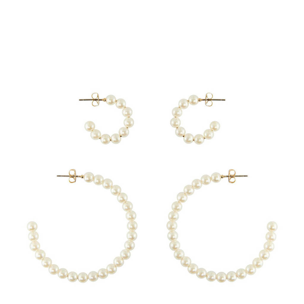 PIECES oorringen met parels - set van 2, Ecru