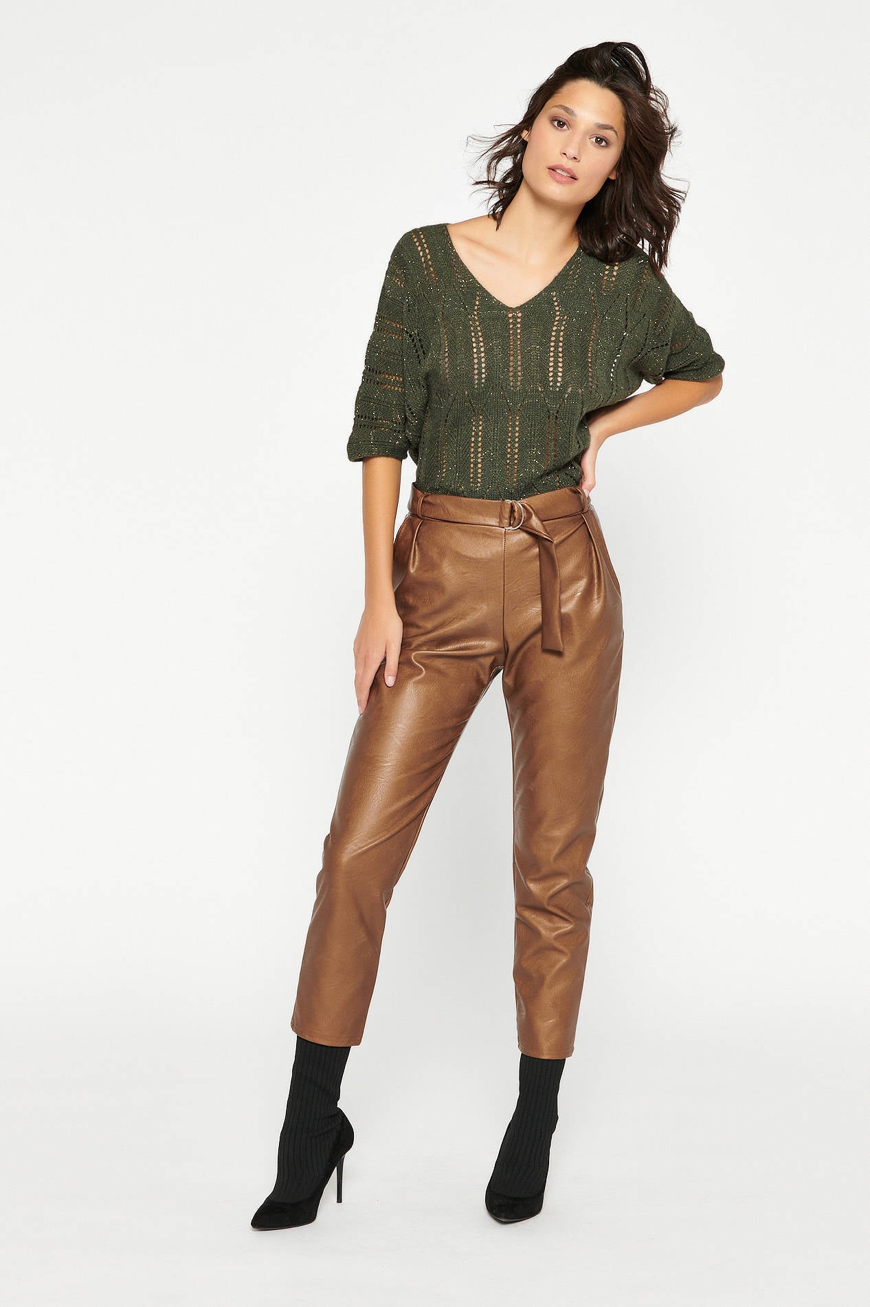 LOLALIZA imitatieleren cropped high waist slim fit broek bruin | wehkamp